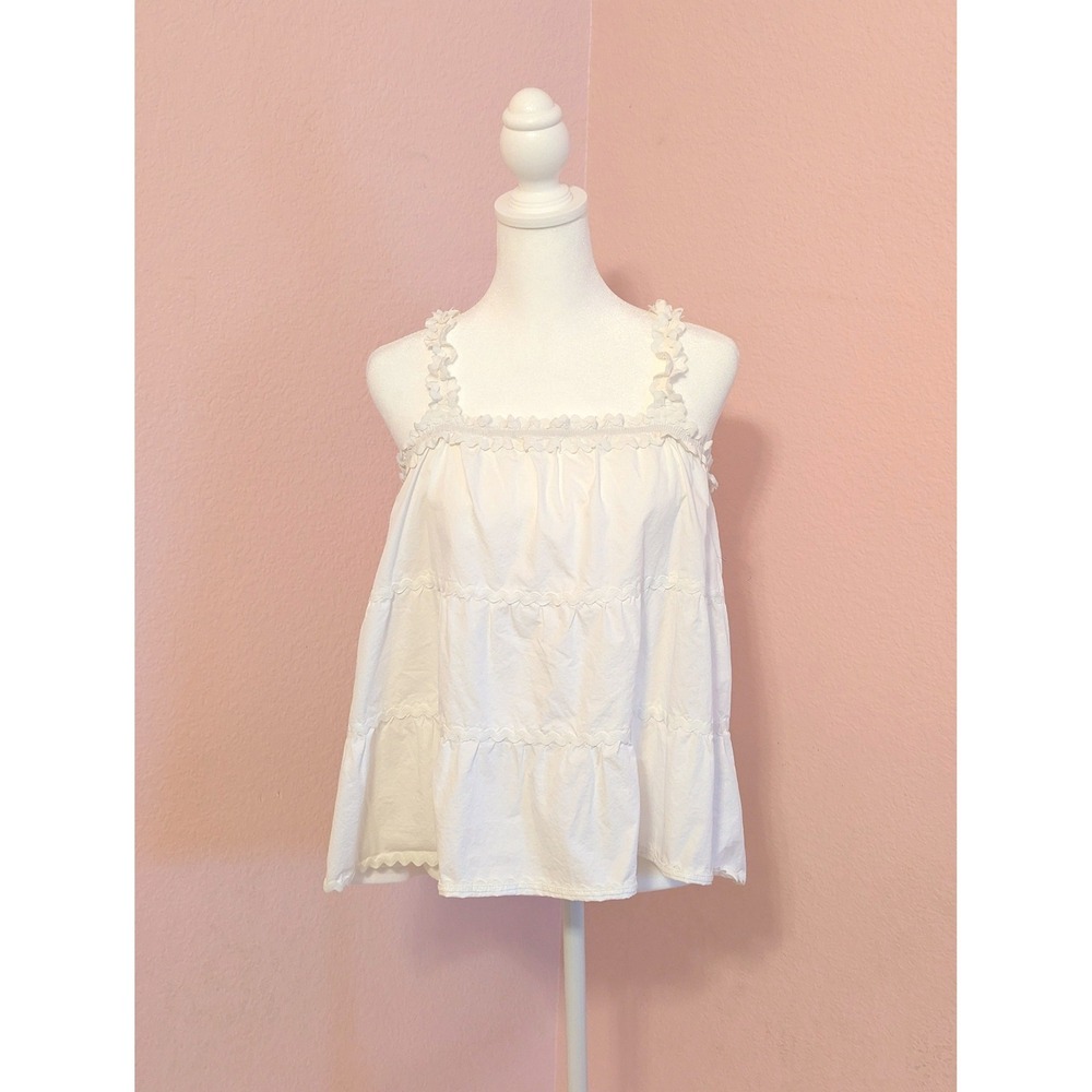 Sugar Lips White Tiered Cotton Babydoll Cami Top Ruffle Strap Womens M